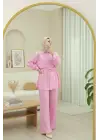 Beli Bağlamalı Bolero Detaylı Taşlı Düğmeli Gömlek -Pembe