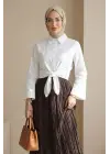 Beli Bağlamalı İspanyol Kol Poplin Gömlek Bluz -Beyaz