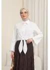 Beli Bağlamalı İspanyol Kol Poplin Gömlek Bluz -Beyaz