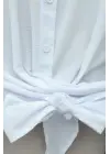 Beli Bağlamalı İspanyol Kol Poplin Gömlek Bluz -Beyaz