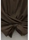 Beli Bağlamalı İspanyol Kol Poplin Gömlek Bluz -Kahve
