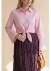 Beli Bağlamalı İspanyol Kol Poplin Gömlek Bluz -Pembe