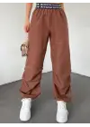 Beli Bantlı Paçası Lastikli Pantolon -Kahve