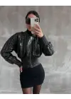 Beli büzgülü crop deri ceket siyah