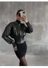Beli büzgülü crop deri ceket siyah