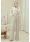 Beli Cırtcırt Detay Boru Paça Kumaş Pantolon  -Bej