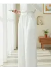 Beli Cırtcırt Detay Boru Paça Kumaş Pantolon  -Beyaz