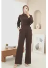 Beli Cırtcırt Detay Boru Paça Kumaş Pantolon  -Kahve