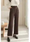 Beli Cırtcırt Detay Boru Paça Kumaş Pantolon  -Kahve