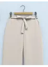 Beli Lastikli Bağlamalı  Bol Paça Pantolon  -Bej