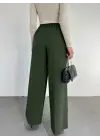 Beli Lastikli Bağlamalı  Bol Paça Pantolon  -Haki