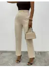 Omarı Beli Lastikli Cepli Metal Detaylı Bej Pantolon