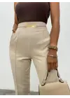 Beli Lastikli Cepli Metal Detaylı Pantolon -Bej
