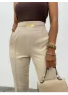 Omarı Beli Lastikli Cepli Metal Detaylı Bej Pantolon