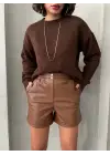 Beli lastikli çıtçıtlı deri şort kahve w241007