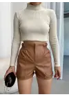 Beli lastikli deri şort kahve H24605