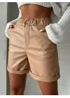 Omarı Beli Lastikli Deri Şort Bej