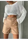 Beli lastikli duble paça deri şort bej w24755
