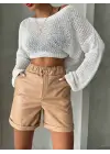 Omarı Beli Lastikli Deri Şort Bej