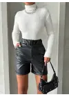 Omarı Beli Lastikli Deri Şort - Siyah, Duble Paça