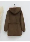 Kahve Beli Lastikli Kapşonlu Fermuarlı Peluş Mont Kadın Giyim