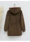 Beli Lastikli Kapşonlu Fermuarlı Peluş Mont -Kahve