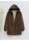 Beli Lastikli Kapşonlu Fermuarlı Peluş Mont -Kahve
