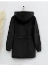 Beli Lastikli Kapşonlu Fermuarlı Peluş Mont -Siyah