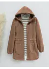 Taba Beli Lastikli Kapşonlu Peluş Mont
