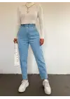 Beli Lastikli Yüksek Bel Kot Pantolon     -Açık Mavi