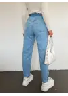 Beli Lastikli Yüksek Bel Kot Pantolon     -Açık Mavi