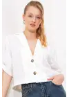 Beyaz Çift Düğmeli Oversize Crop Keten Ceket 0706