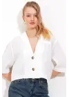 Beyaz Çift Düğmeli Oversize Crop Keten Ceket 0706