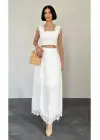 Beyaz Güpürlü Crop Ve Etek Takım