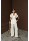 Omarı Keten V Yakalı Belden Bağlamalı Takım - Beyaz