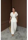 Omarı Keten V Yakalı Belden Bağlamalı Takım - Beyaz