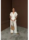 Omarı Keten V Yakalı Belden Bağlamalı Takım - Beyaz