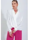 Beyaz Kruvaze Yaka Dökümlü Saten Bluz 0492