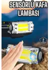 Beyaz Led Işık Sensörlü Kafa Lambası Lityum Batarya Led El Fenerli Şarjlı