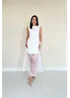 Omarı Organze Detaylı Beyaz Atlas Elbise