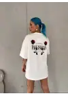 Omarı Gösterişli Baskılı Oversize Bisiklet Yaka T-Shirt - Beyaz