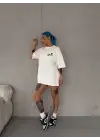 Omarı Gösterişli Baskılı Oversize Bisiklet Yaka T-Shirt - Beyaz