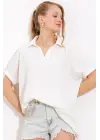 Beyaz Oversize Polo Yaka Örme Bluz 0486