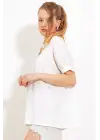 Beyaz Oversize Polo Yaka Örme Bluz 0486