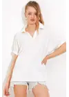 Beyaz Oversize Polo Yaka Örme Bluz 0486