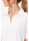 Beyaz Oversize Polo Yaka Örme Bluz 0486