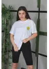 Omarı Bisiklet Desenli Oversize Beyaz T-Shirt
