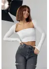 Omarı Feminen Tarzda Uzun Kollu Crop - Beyaz