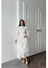Beyaz Valonlu Şeritli Kat Kat Elbise
