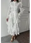 Beyaz Valonlu Şeritli Kat Kat Elbise